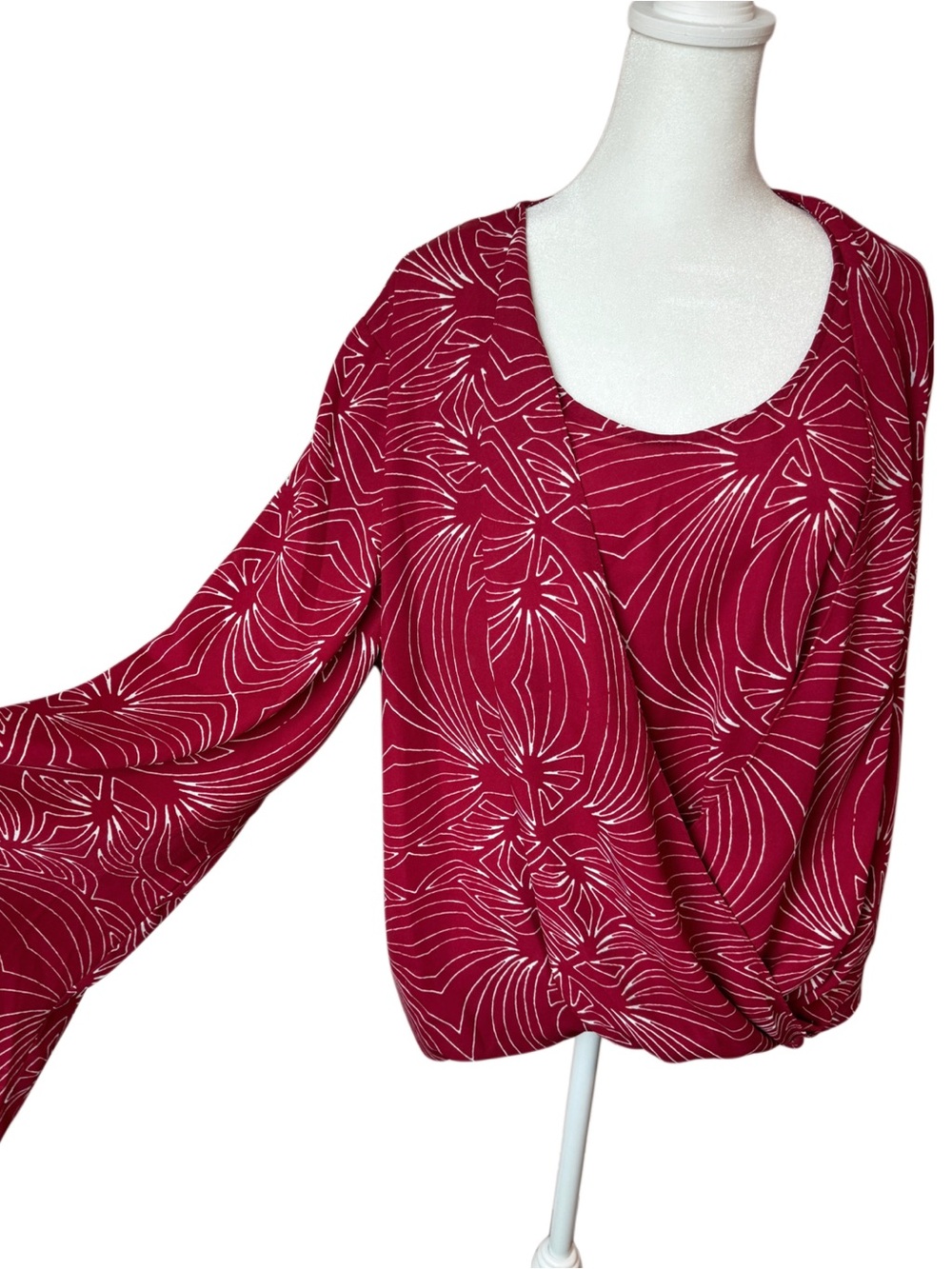 Alfani XL Burgundy Abstract Print Wrap Top Bell Sleeves